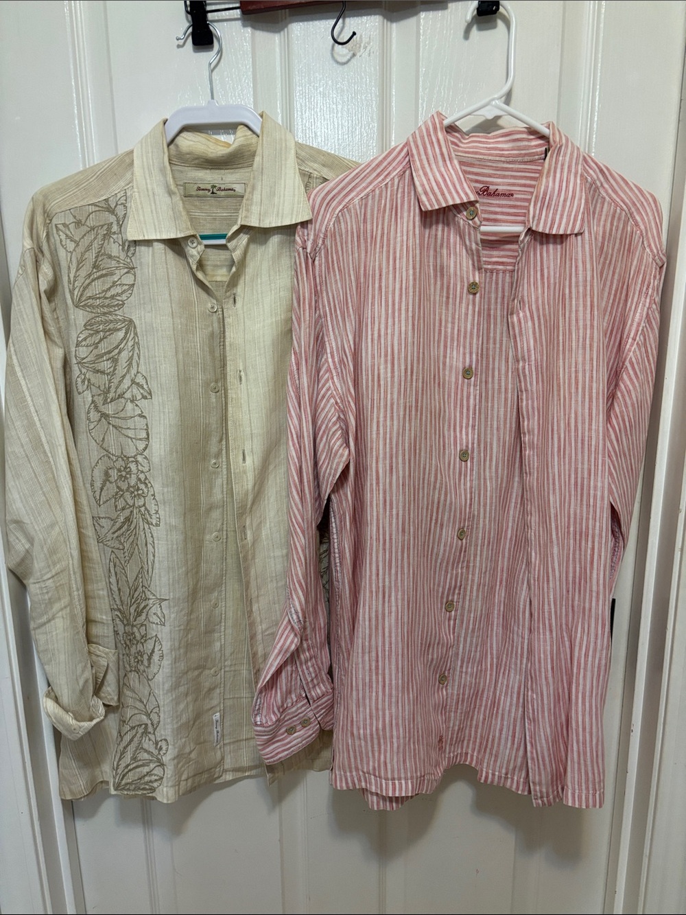 Tommy Bahama linen Casual Pink Stripe Button-Up Shirt & tan both Large